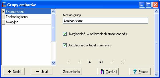 R. Samoć - Instrukcja obsługi pakietu Operat FB - 32 - Okno "Grupy" W oknie tym można wprowadzić się listę grup emitorów. Celem utworzenia grup jest np.
