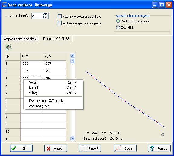 R. Samoć - Instrukcja obsługi pakietu Operat FB - 56 - Okno "Dane emitora liniowego" W oknie można wpisać współrzędne emitora liniowego np. drogi, a program podzieli go na zastępcze emitory punktowe.