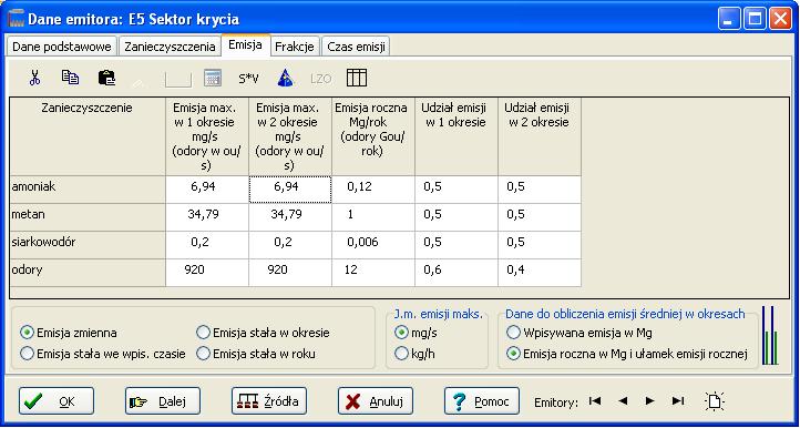 R. Samoć - Instrukcja obsługi pakietu Operat FB - 64 - Kolumny na stronie "Emisja" w oknie "Dane emitora" Emisja maksymalna W oknie emisji należy wpisać dla wszystkich wybranych zanieczyszczeń i