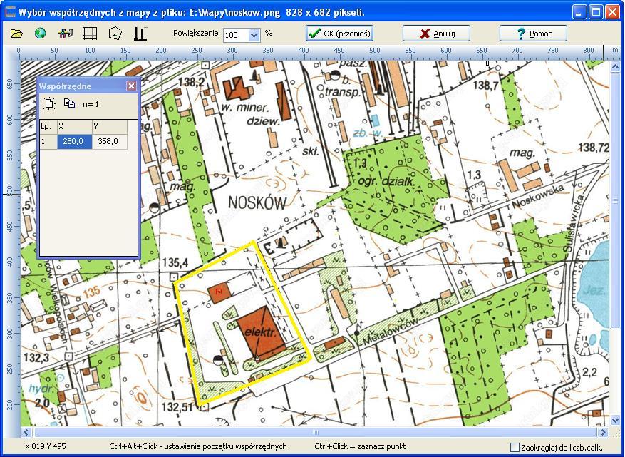 R. Samoć - Instrukcja obsługi pakietu Operat FB - 80 - Okno Wybór współrzędnych na mapie Program służy do graficznego odczytu współrzędnych z mapy terenu.
