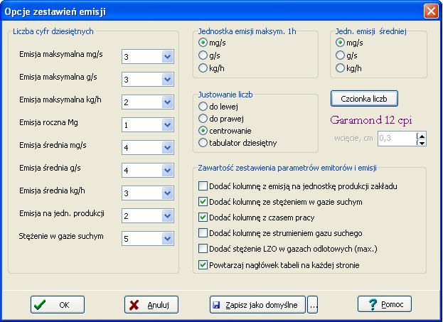 R. Samoć - Instrukcja obsługi pakietu Operat FB - 93 - Okno "Opcje zestawień emisji" W oknie tym można ustalić zawartość zestawienia emitorów i emisji oraz sposób formatowania liczb.