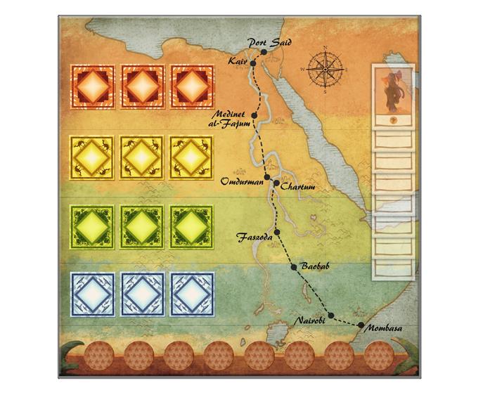 Elementy gry Plansza z mapą podróży Plansza przedstawia fragment mapy Afryki podzielony na cztery regiony, przez które wiodła droga Stasia i Nel.