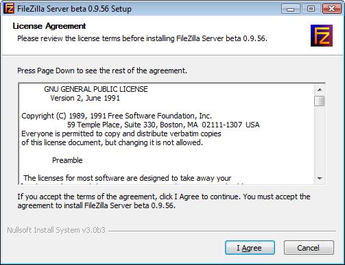 Przykład uruchamiana serwera ftp na przykładzie oprogramowania FileZilla Server beta 0.9.56. FileZilla to oprogramowanie open source udostępniane za darmo zgodnie z warunkami licencji GNU.