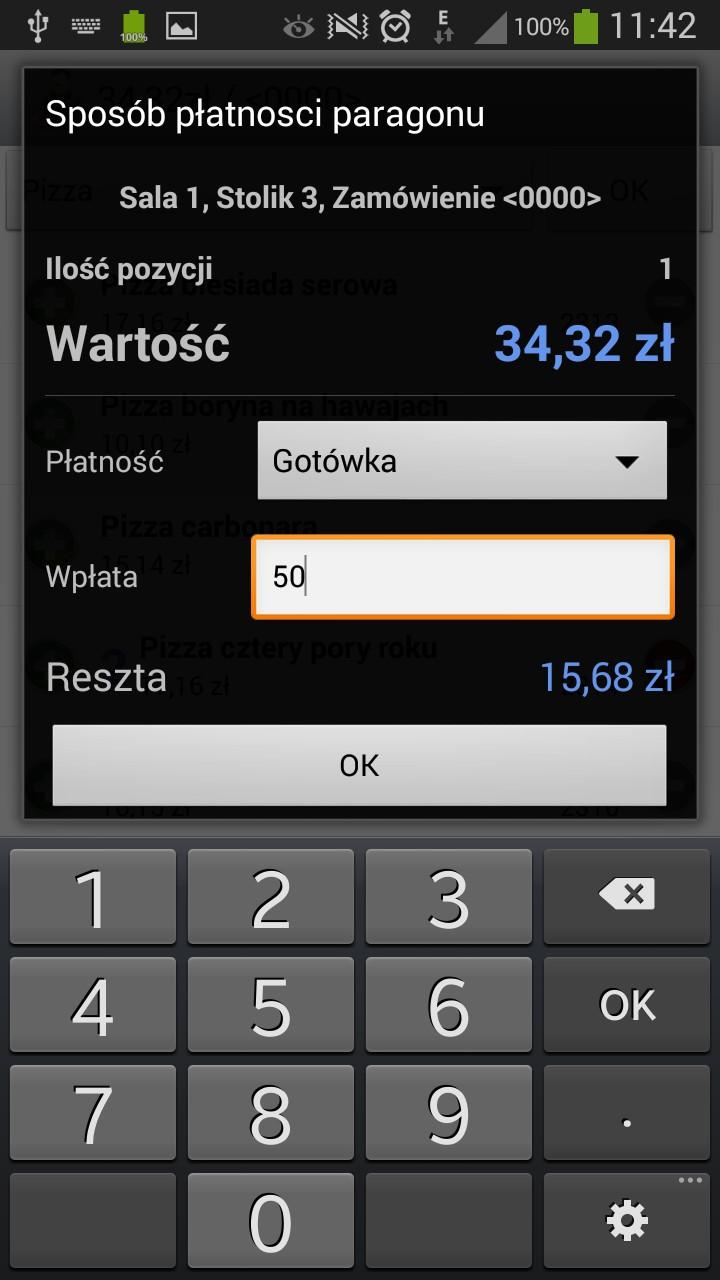 zapłaty - możemy tu wybrać gotówkę albo kartę, oraz o wartość wpłaty od klienta. Zatwierdzenie okna skutkuje połączeniem z serwerem i wysłaniem paragonu do Bistro.
