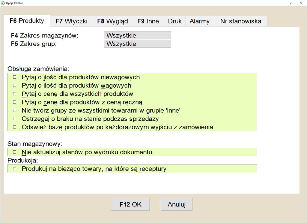 Opcje lokalne Menu: Bistro > Konfiguracja > Opcje lokalne Menu: Bistro > Restauracja > F4 Konfiguracja > F5 Opcje Lokalne Znajduje się tutaj zestaw opcji umożliwiających skonfigurowanie lokalnych