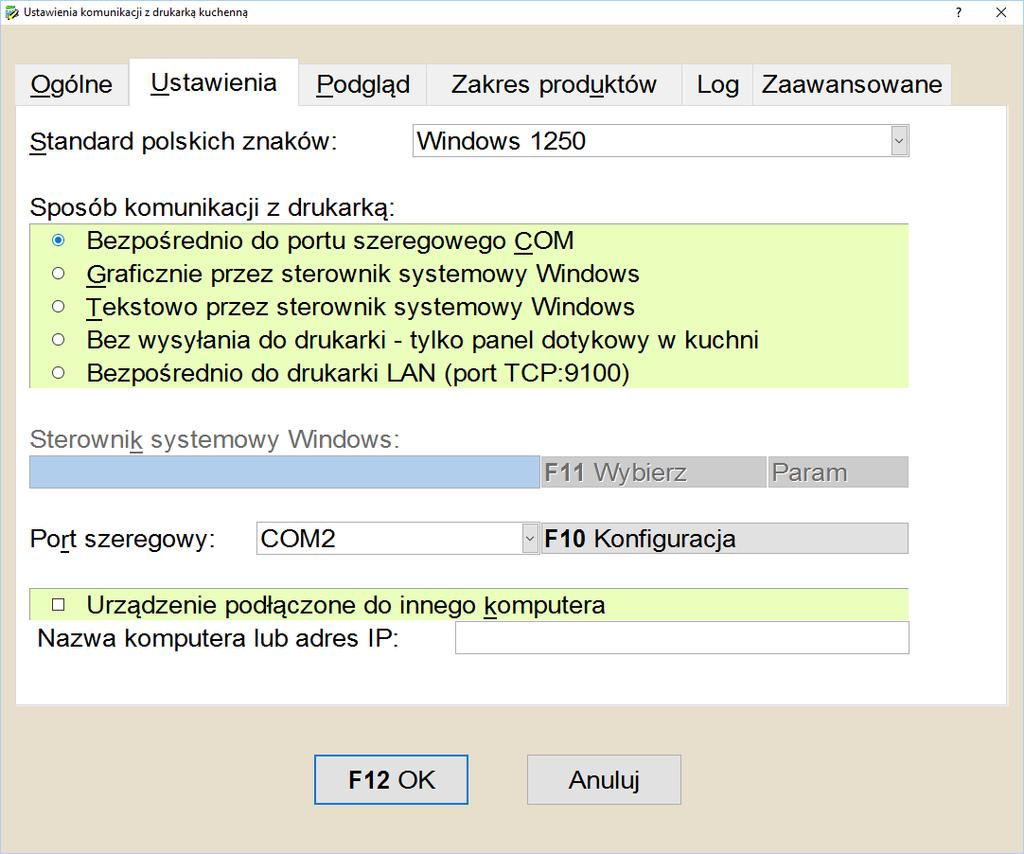 Konfiguracja Ustawienia Standard polskich znaków strona kodowa polskich znaków w drukarce. Sposób komunikacji z drukarką Należy w pierwszej kolejności ustawić Bezpośrednio do portu szeregowego COM.