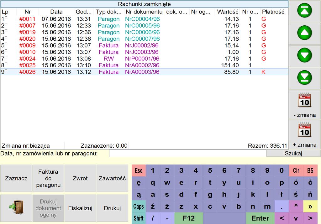 czas od rozpoczęcia zamawiania w formacie gg:mm (rachunek na linii pierwszej: niebieska ikonka zegarka 10:35) zawartość zamówienia (rachunek na linii pierwszej: Pizza grek z,) opcja umożliwia dostęp