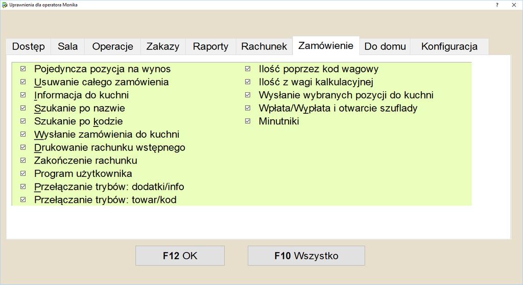 Zakładka Zamówienie w zakładce ustala się możliwości pracy podczas tworzenia zamówienia jakie będzie mógł wykorzystać kelner.