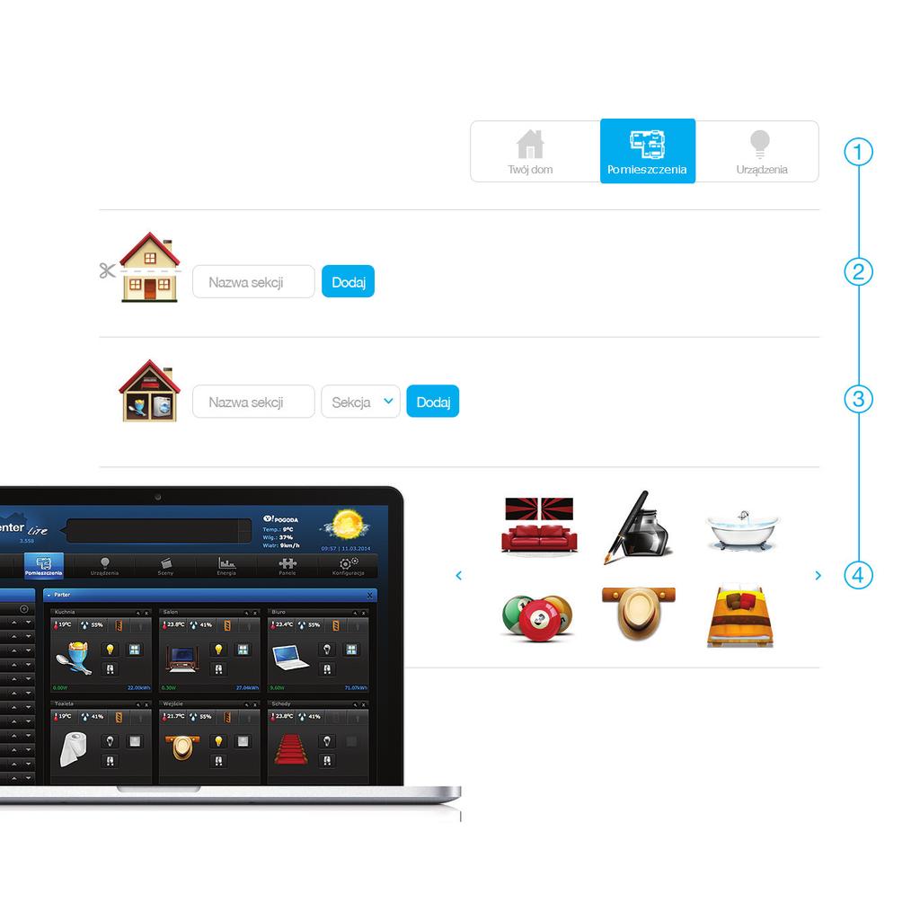 Zarz¹dzanie Home Center Lite z poziomu komputera Po pomyślnym zalogowaniu się do systemu możesz utworzyć pomieszczenia lub od razu przejść do dodawania urządzeń.