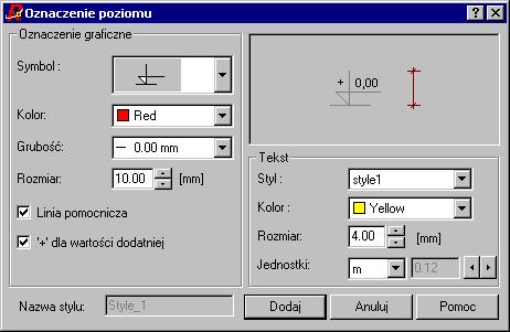 strona: 182 RCAD Żelbet wersja 7.1 - Podręcznik użytkownika 22.3.Oznaczenie poziomu Okno dialogowe służy do definicji nowego stylu lub modyfikacji istniejącego stylu poziomu.