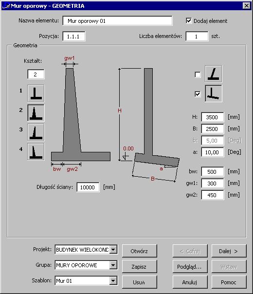 strona: 282 RCAD Żelbet wersja 7.1 - Podręcznik użytkownika Opcje znajdujące się w prezentowanym powyżej oknie dialogowym Mur oporowy - GEOMETRIA pozwalają na definicję geometrii muru oporowego.