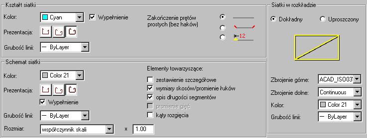 W górnej części okna dialogowego znajdują się style opisów zbrojenia z uwzględnieniem podziału zbrojenia na kategorie.