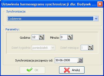 Rys. 88: Okno konfiguracji harmonogramu synchronizacji Po wybraniu zadania synchronizacji z harmonogramu oraz kliknięciu przycisku "Edytuj parametry" zostanie wyświetlone okno Ustawienia harmonogramu