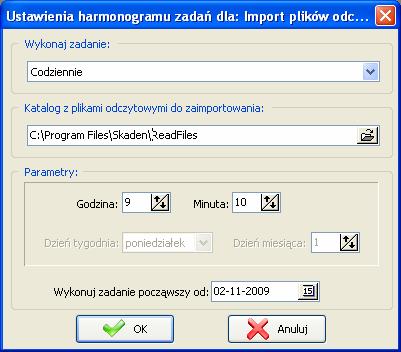 Dostępne parametry to: Wykonaj zadanie definiuje jak często ma być wykonywane zadanie (codziennie, cotygodniowo, comiesięcznie); Katalog z plikami odczytowymi do zaimportowania wskazuje katalog, z