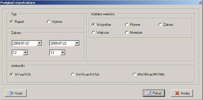 Rys. 130: Okno wyboru danych w podglądzie rejestratora Otwarte zostanie okno z kilkoma opcjami do wyboru: Typ: o Raport prezentuje zarejestrowane dane w formie tabelarycznej; o Wykres prezentuje