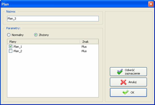 Przy wyborze planu złoŝonego na liście naleŝy zaznaczyć poszczególne plany, które wejdą w skład nowego planu złoŝonego.