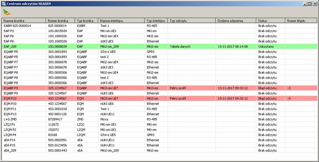 Rys. 143 Okno Centrum odczytów SKADEN Z poziomu tego okna moŝliwe jest takŝe wymuszenie kolejnych odczytów urządzeń.