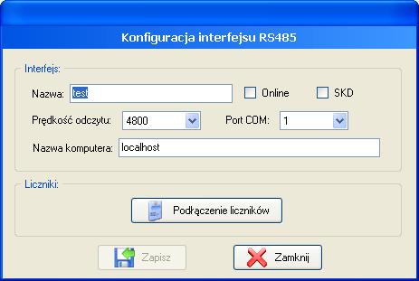 Port COM numer portu szeregowego, przez który odczytywane będą liczniki podłączone pod interfejs; Prędkość odczytu prędkość pracy portu szeregowego, przez który odczytywane będą liczniki podłączone