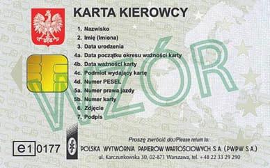 28 KONTROLA TACHOGRAFÓW CYFROWYCH 4.1. Identyfikacja karty 1. Nazwisko 2. Imię 3. Data urodzenia 4a. Początek okresu ważności 4b. Data ważności karty 4c. Podmiot wydający kartę 4d. Numer PESEL 5a.