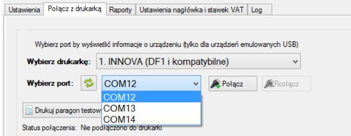 Po poprawnym połączeniu się poprzez jeden wybrany z wyżej wymienionych portów, na liście ukażą się odpowiednie porty do wyboru - należy kliknąć przycisk połącz.