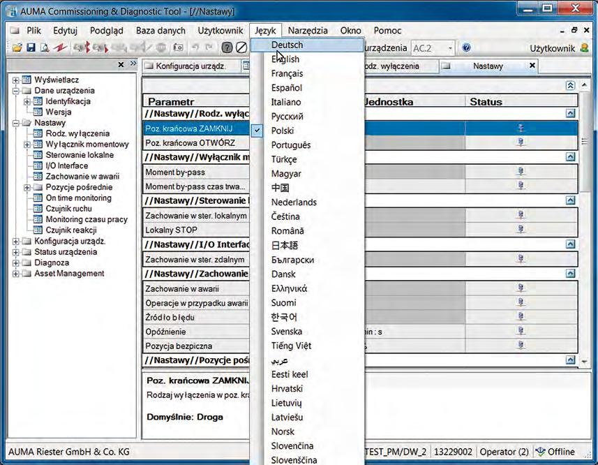 Podział parametrów na przejrzyste i logiczne grupy i komunikaty ekranowe w formie tekstu jawnego w ponad