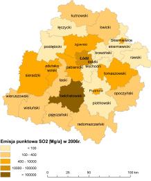 Emisja zanieczyszczeń do powietrza W emisji punktowej głównych zanieczyszczeń w województwie przeważa. W większości powiatów natomiast udział tego zanieczyszczenia nie przekracza 50%.