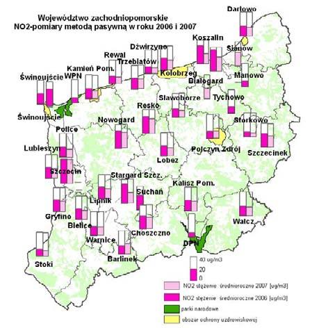 VII.3.3. Dwutlenek azotu Omawiając stan jakości powietrza w województwie zachodniopomorskim, nie można pominąć problemu dwutlenku azotu w powietrzu.