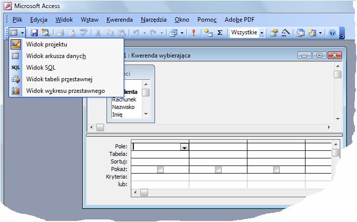 Zapytania do bazy danych Tworzenie zapytań do bazy danych MS Access może być realizowane na dwa sposoby. Standard SQL (Stucture Query Language) lub QBE (Query by Example).