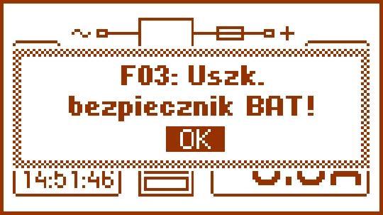 5.4.3 Ekran bieżące awarie W przypadku wystąpienia nieprawidłowych parametrów elektrycznych podczas pracy zasilacz zacznie sygnalizować awarię wystawiając odpowiedni komunikat na wyświetlaczu LCD,