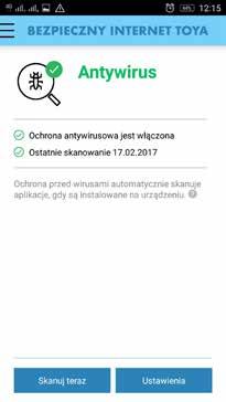 Ochrona antywirusowa Aby urządzenie było chronione, opcję ochrony antywirusowej należy włączyć: Po włączeniu ochrony antywirusowej