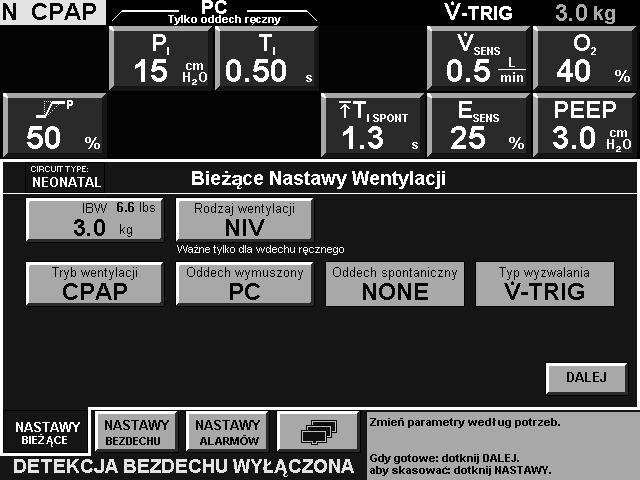 Jeśli odstęp bezdechu jest ustawiony jako WYŁ., jakikolwiek aktywny alarm bezdechu zostanie automatycznie wyzerowany i w dolnej części ekranu GUI będzie migać komunikat DETEKCJA BEZDECHU WYŁĄCZONA.