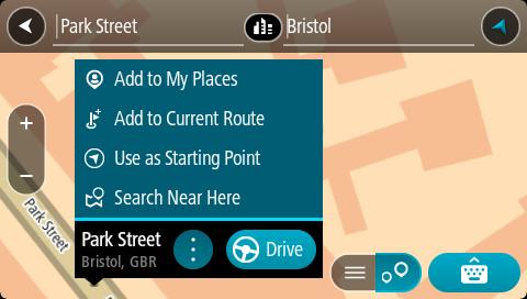 Po wyświetleniu na mapie adresu lub UM-u można użyć menu podręcznego, aby dodać lokalizację do Moich miejsc. Jeśli zaplanowano już trasę, możesz dodać do niej tę pozycję.