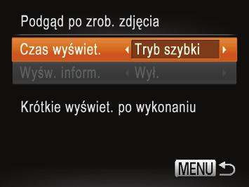 Dostosowywanie działania Funkcje można dostosować na karcie MENU [] w sposób przedstawiony poniżej. Instrukcje dotyczące funkcji menu można znaleźć w podrozdziale Korzystanie z menu (= ).