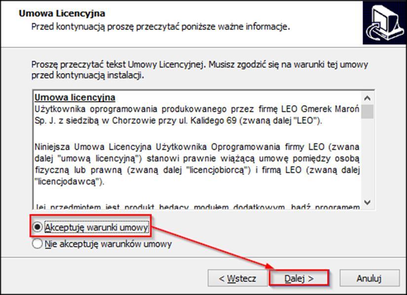 Kolejnym krokiem jest akceptacja warunków umowy licencyjnej oraz naciśnięcie przycisku Dalej.