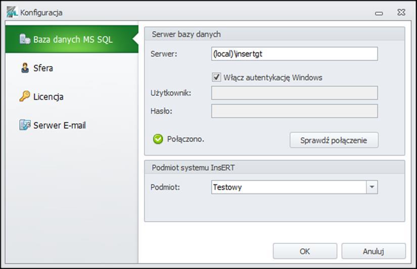 8.1.1 Konfiguracja Synchronizator XML W oknie ustawień Konfiguracja można kolejno zmienić ustawienia dotyczące połączenia z bazą danych MS SQL, użytkownika Sfery systemu InsERT, zmianę pliku licencji
