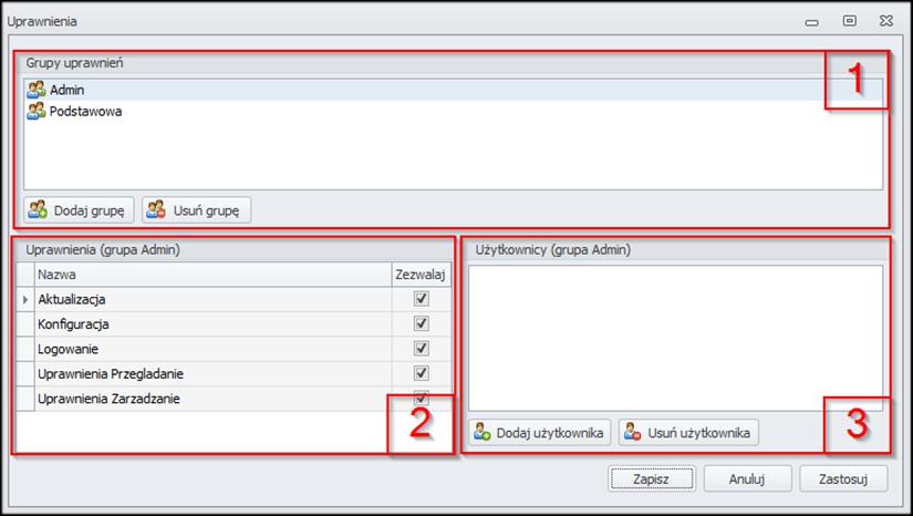 8.1.2 Uprawnienia Synchronizator XML W oknie Uprawnienia zmienia się ustawienia dla poszczególnych użytkowników lub grup użytkowników dla programu Synchronizator XML.