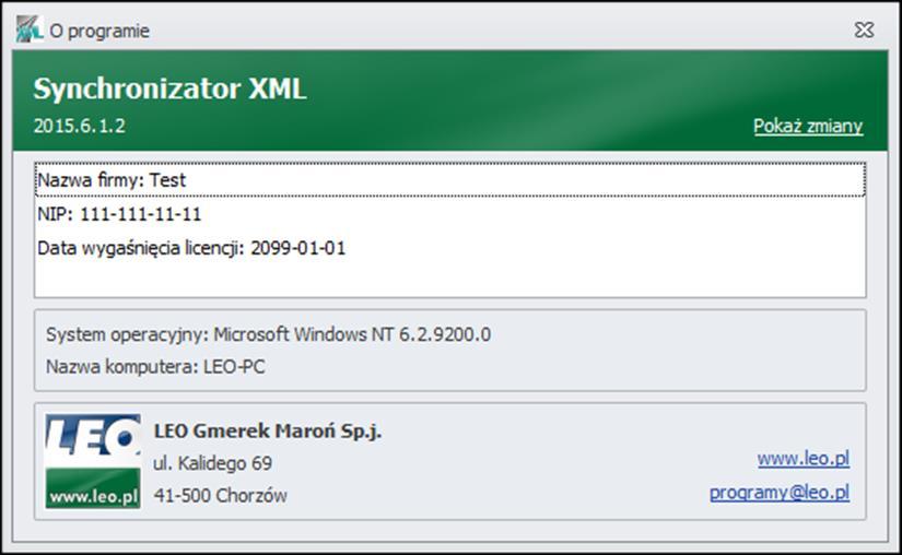 8.1.4 O Synchronizator programie XML Wybranie tej opcji spowoduje pokazanie się okna z informacjami o zainstalowanej wersji programu.