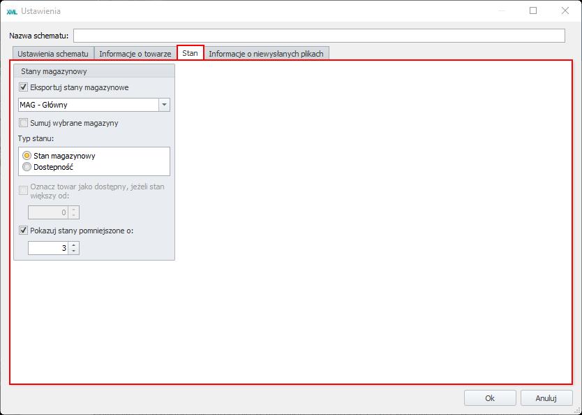 Synchronizator STAN XML Rysunek 46 Opcje w zakładce Stan wybranie opcji Eksportuj stany magazynowe umożliwi umieszczenie w pliku informacji na temat stanu magazynowego.