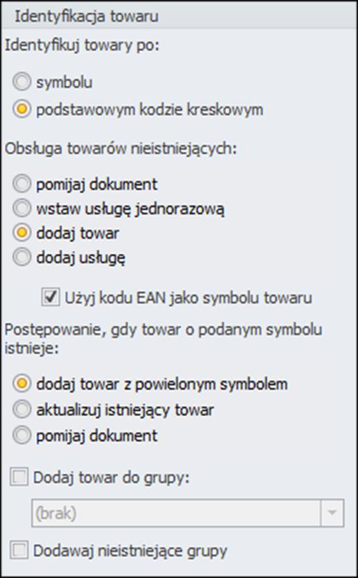 W przypadku identyfikacji za pomocą podstawowego kodu kreskowego użytkownik może zdecydować co się stanie z towarem, którego nie ma jeszcze w bazie danych Subiekta, a także co zrobić w chwili kiedy