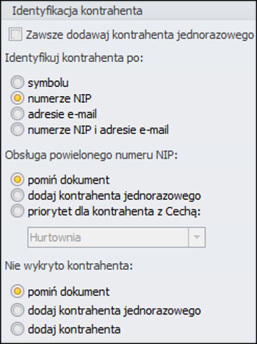 Wybranie identyfikacji kontrahenta po numerze NIP, adresie e-mail lub numerze NIP i adresie e-mail umożliwi wybranie opcji takich jak: Obsługa powielonego NIP/e-mail o Pomiń dokument dokument nie