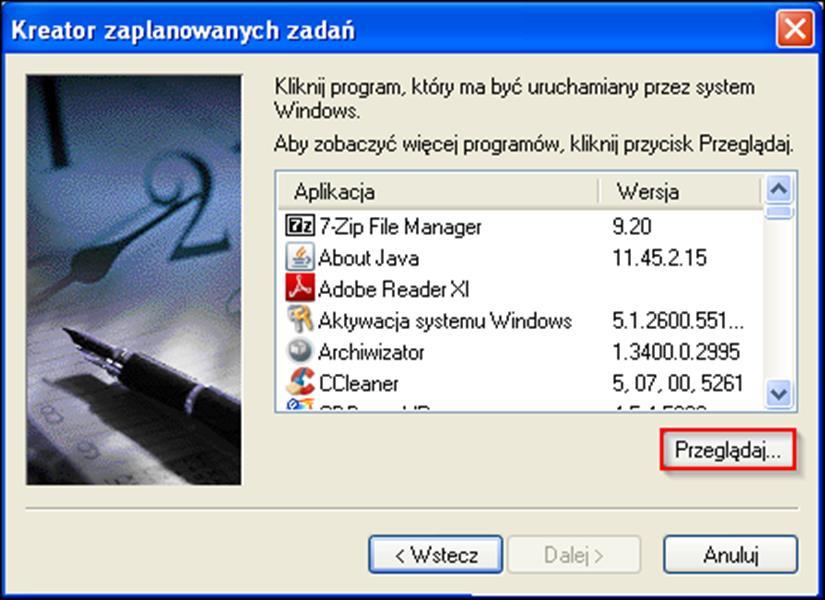 System Windows XP Żeby uruchomić harmonogram zadań należy kolejno wybrać: Start Panel Sterowania Zaplanowane zadania.