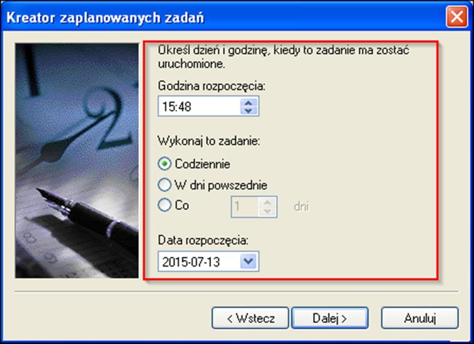 oraz ustawić Wyzwalacz, czyli to jak często ma się wykonywać zadanie.