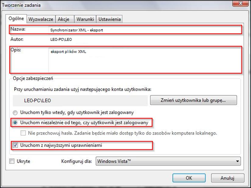 System Windows Vista Żeby uruchomić harmonogram zadań należy kolejno wybrać: Start Panel Sterowania System i zabezpieczenia Narzędzia administracyjne Harmonogram zadań.