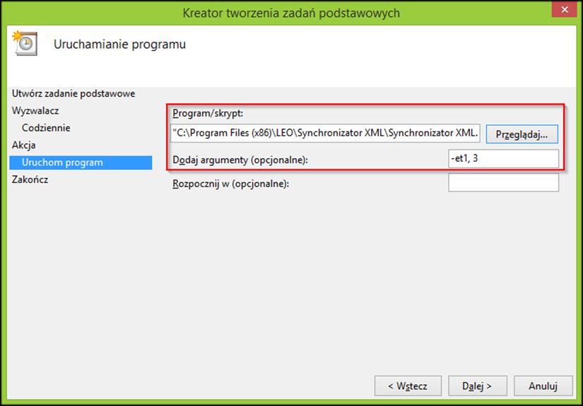 Następnie należy wybrać program Synchronizator XML (używając przycisku przeglądaj ) oraz wpisać argumenty.