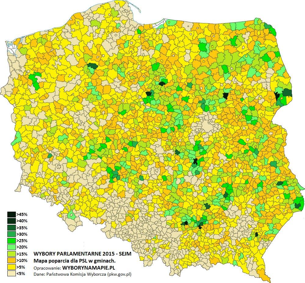 Główne skupiska wyborców: przede wszystkim obszary wiejskie w: środkowej Polsce, wschodniej Polsce.