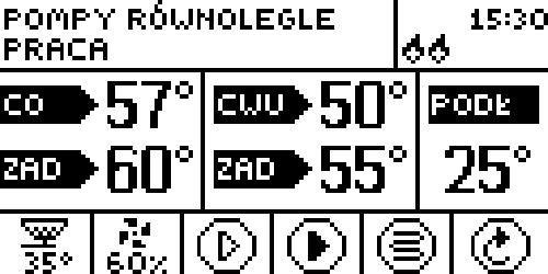 Temperatura zadana C.W.U. Zawór 1 Zawór 2 Ekran serwisowy Podajnik Nadmuch Siła nadmuchu Pompa C.O.