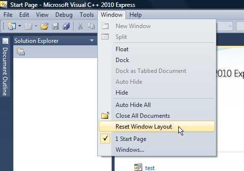 Uwaga: jeżeli po uruchomieniu ekran wygląda zupełnie inaczej, to możemy przywrócid typowe rozmieszczenie elementów interfejsu programu Microsoft Visual C++ 2010 Express w sposób pokazany na kolejnym