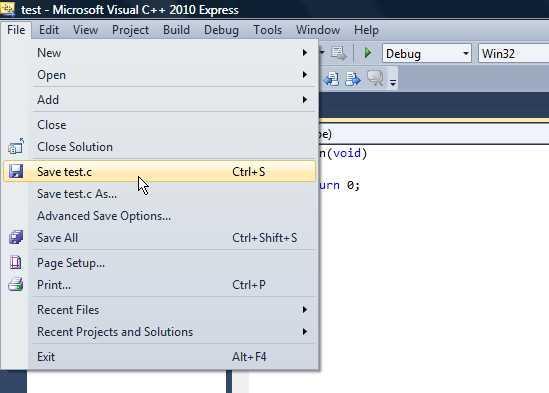 Możemy zapisywad pliki, także ze zmianą nazwy, wybierając po prostu odpowiednią pozycję z menu. Rysunek 7: Menu File programu Microsoft Visual Studio C++ 2010 Express.