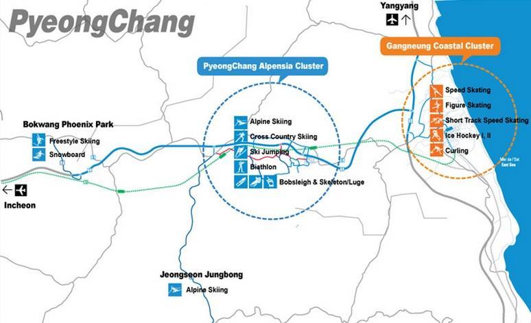 Podział dyscyplin sportu w ramach każdej lokalizacji jest następujący: PyeongChang górski obszar Pyeongchang Olympic Stadium - ceremonie otwarcia i zamknięcia, Alpensia Ski Jumping Centre: Skoki