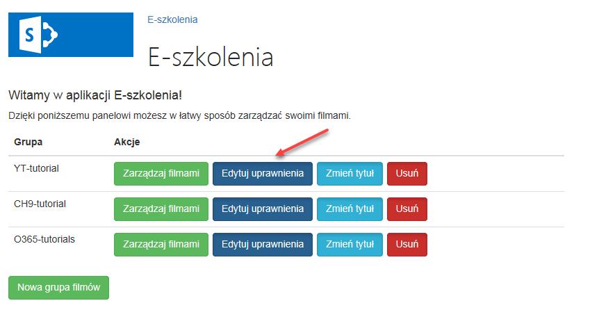 Administracja aplikacji- edycja uprawnień dostępu do grupy filmów Materiały video widoczne na głównym ekranie aplikacji dla użytkownika